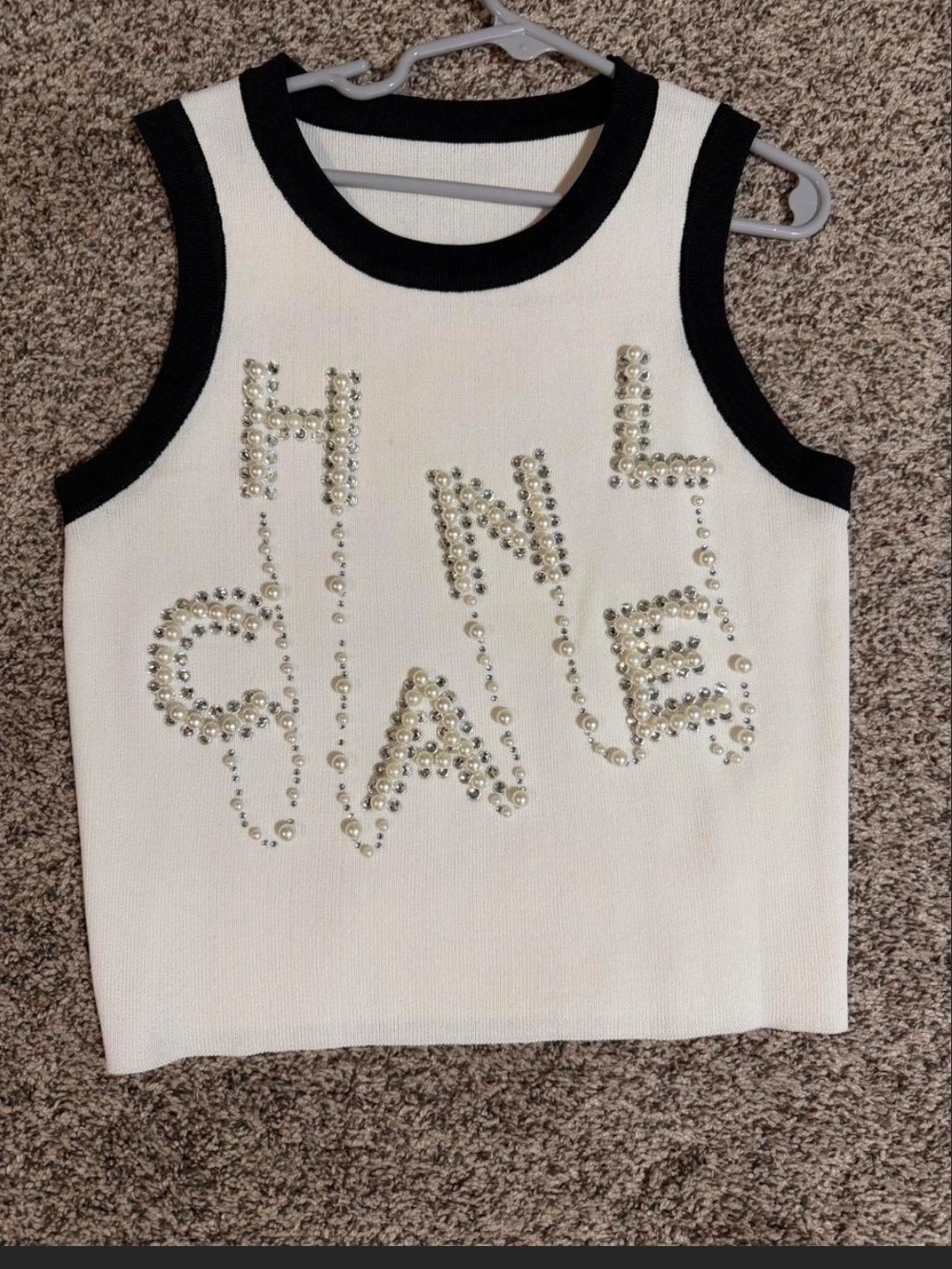 White Sleeveless Rhinestone 'HNWG' Tank Top with Black Trim